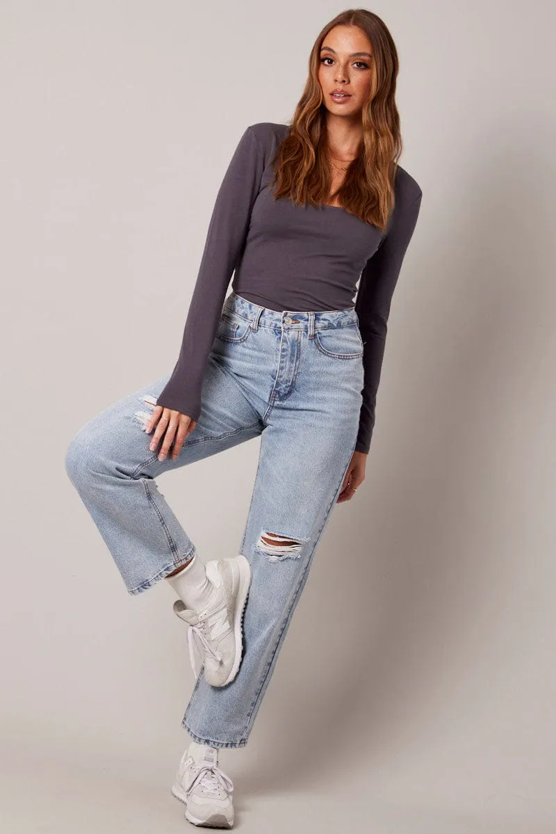 Grey Top Long Sleeve Scoop Neck sold by Ally Fashion product image thumbnail 2