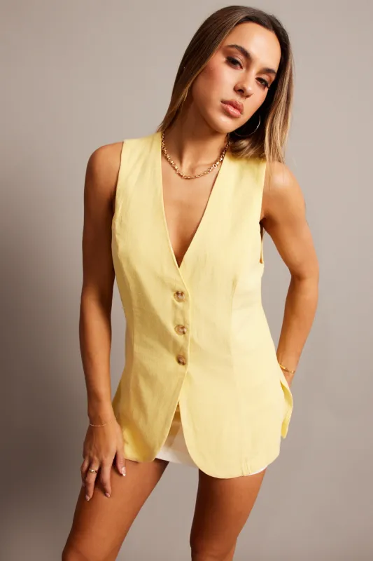 Yellow Linen Vest Longline V Neck sold by Ally Fashion