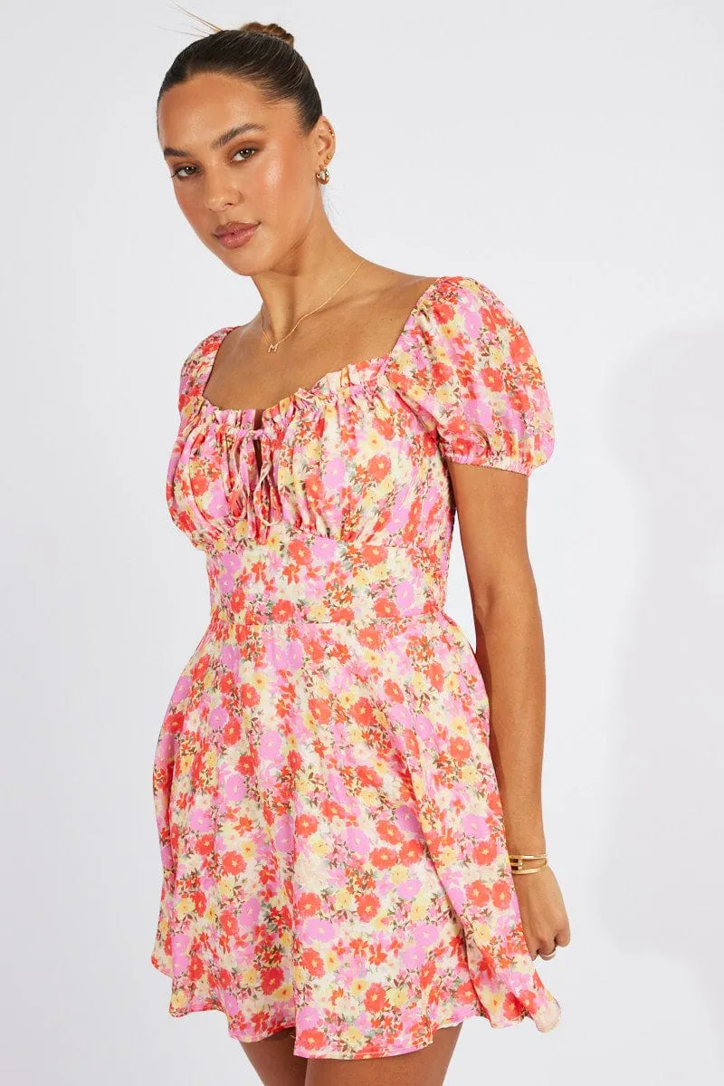 Pink Floral Fit And Flare Dress Puff Sleeve Mini sold by Ally Fashion