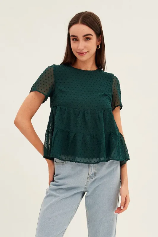 Forest Dobby Chiffon Flutter Sleeve Tiered Hem Top sold by Ally Fashion