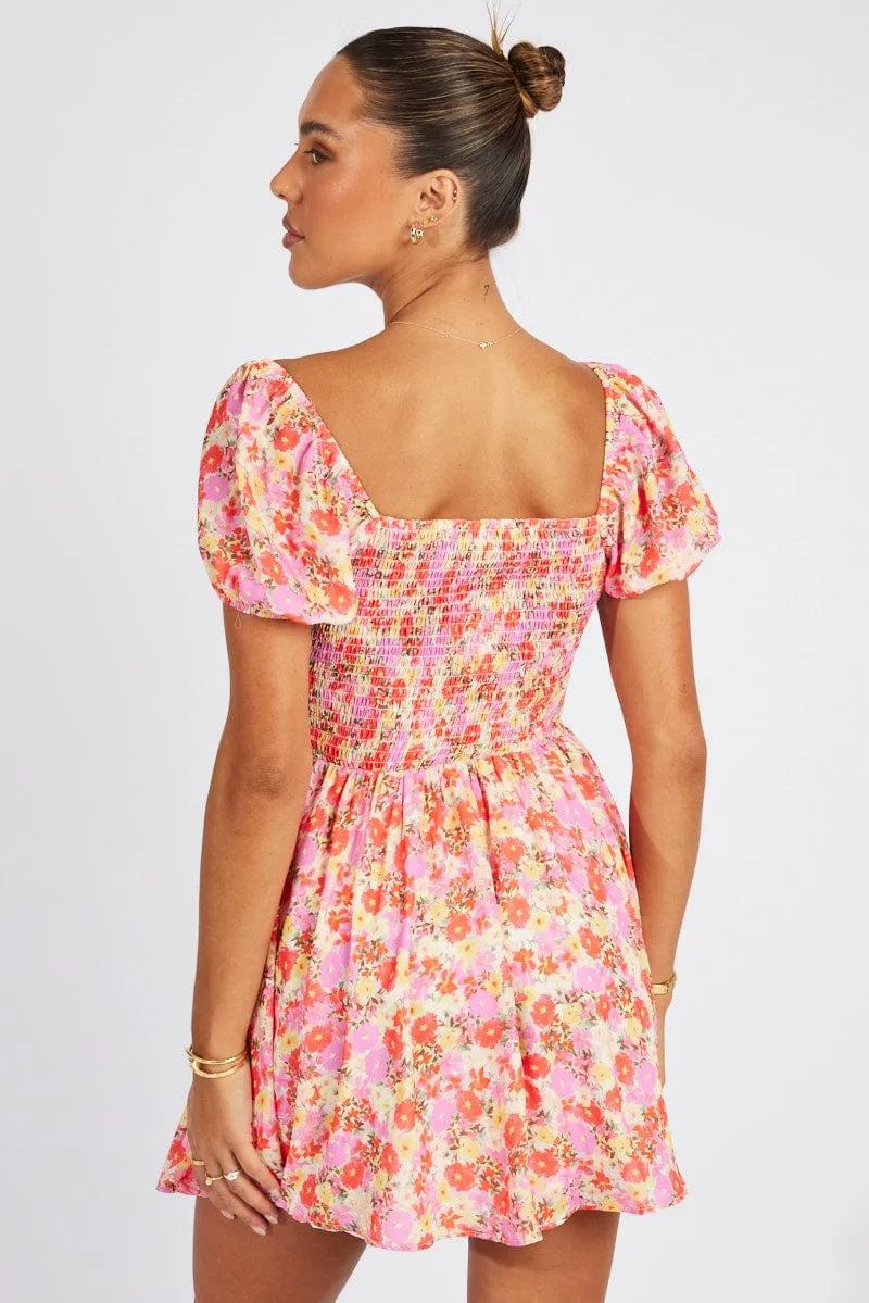Pink Floral Fit And Flare Dress Puff Sleeve Mini sold by Ally Fashion product image thumbnail 5