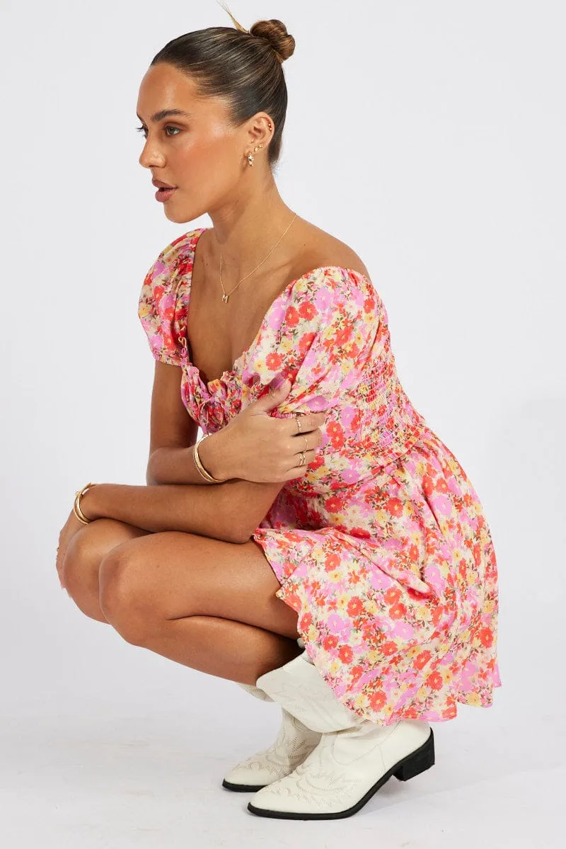 Pink Floral Fit And Flare Dress Puff Sleeve Mini sold by Ally Fashion product image thumbnail 2