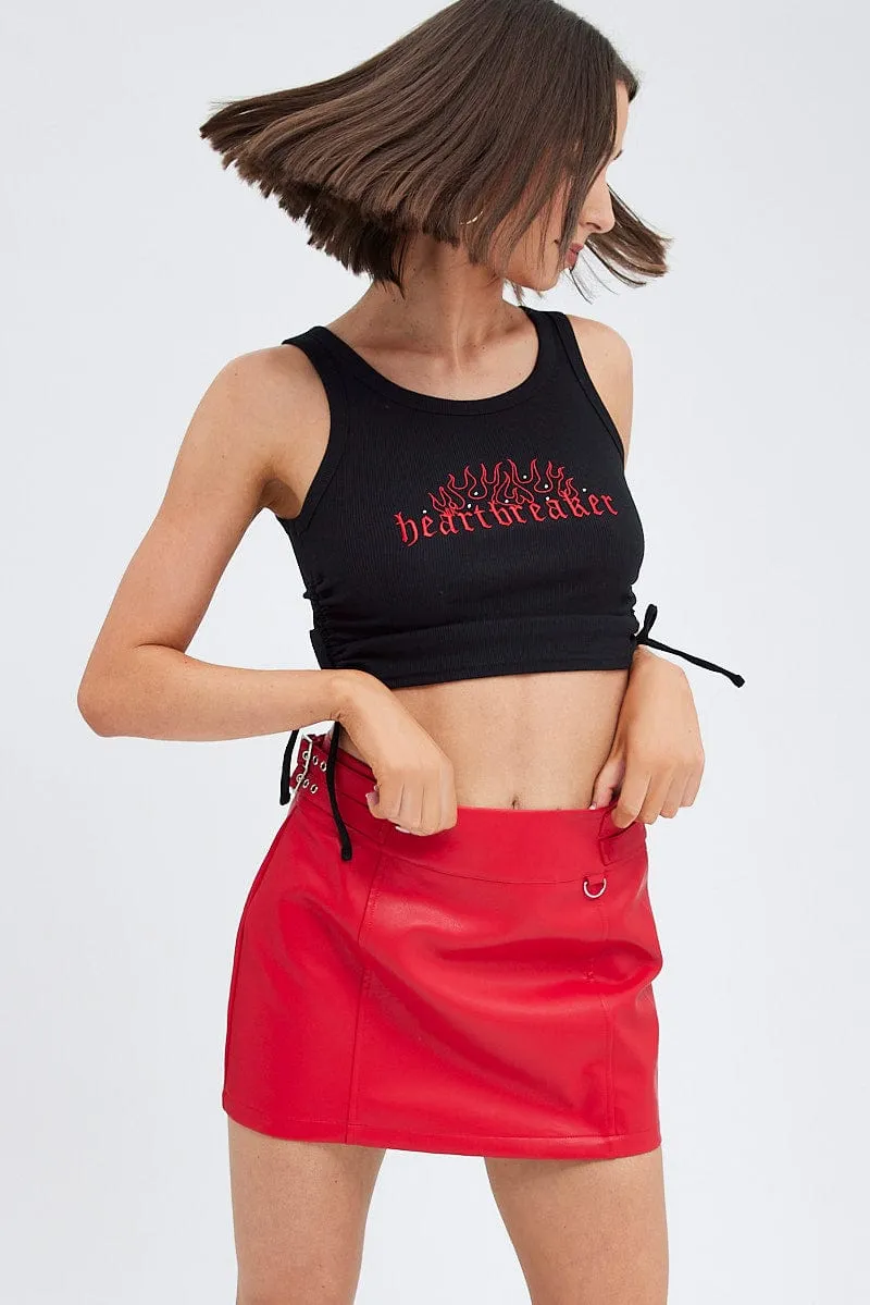 Red Faux Leather Skirt Mid Rise Mini Buckle Detail sold by Ally Fashion