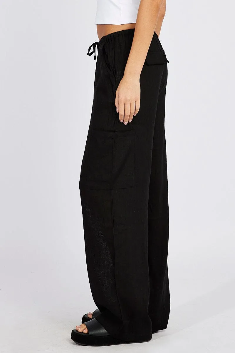Black Wide Leg Pants Mid Rise Linen Blend sold by Ally Fashion product image thumbnail 4