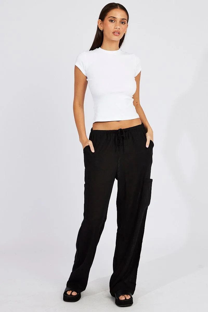 Black Wide Leg Pants Mid Rise Linen Blend sold by Ally Fashion