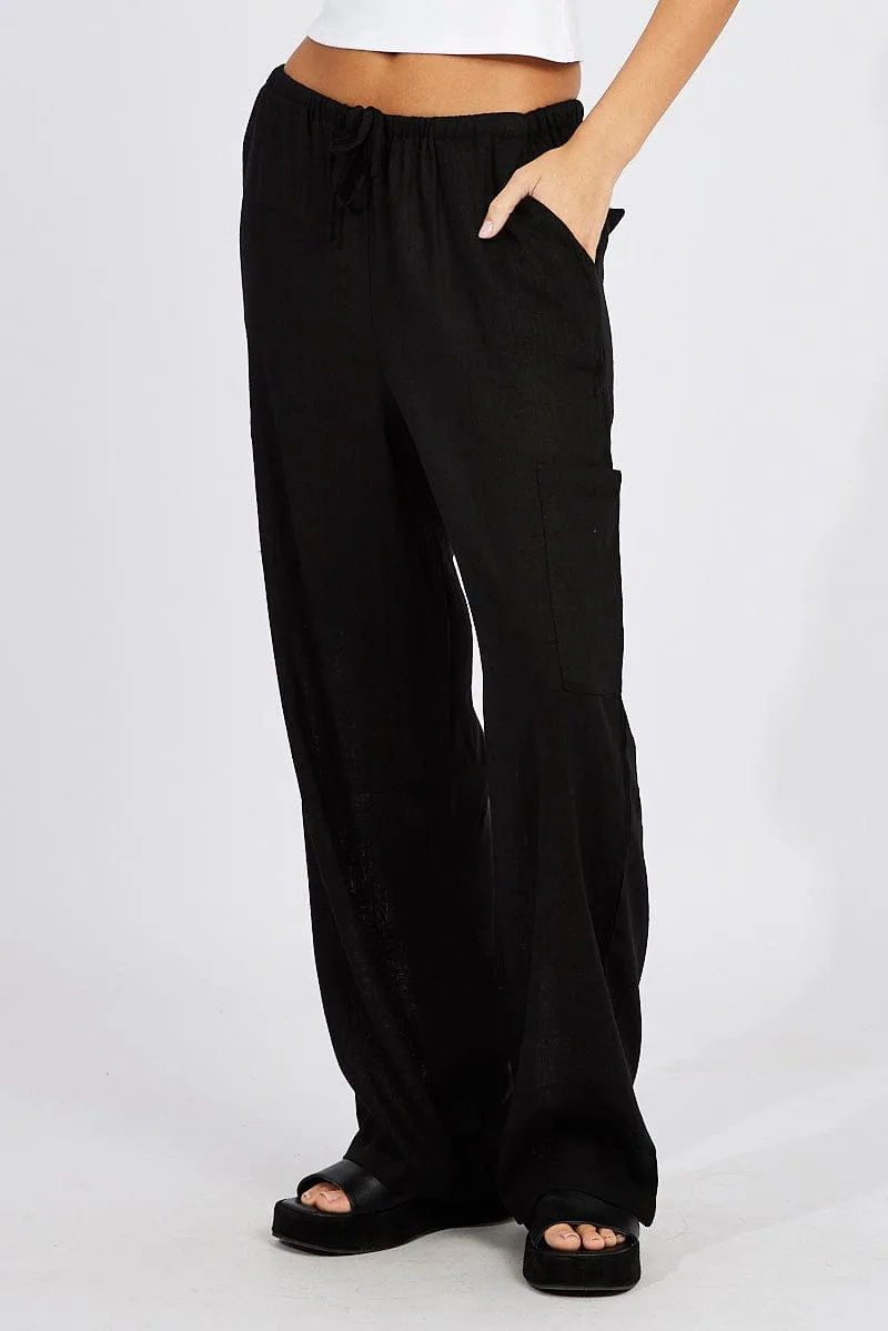 Black Wide Leg Pants Mid Rise Linen Blend sold by Ally Fashion product image thumbnail 2