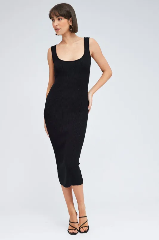 Black Knit Midi Dress Square Neck Sleeveless sold by Ally Fashion