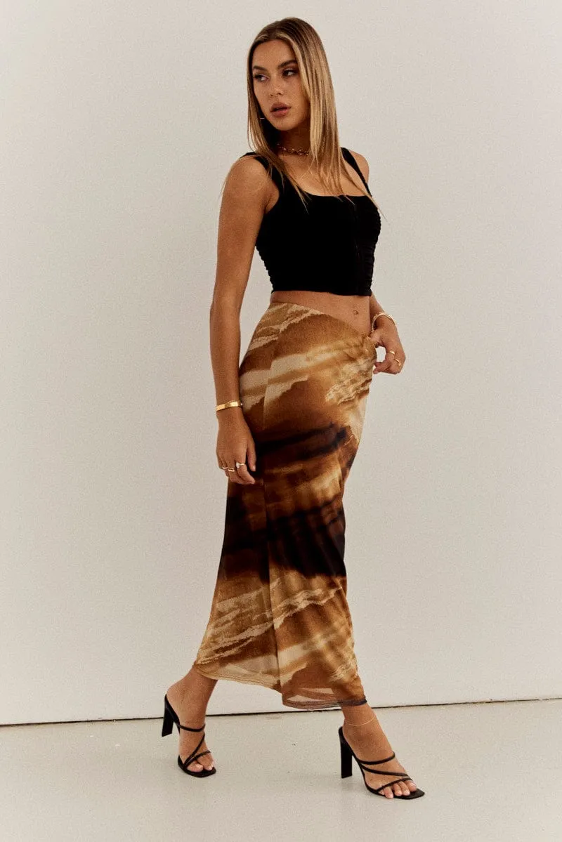 Brown Abstract Maxi Skirt High Rise Mesh sold by Ally Fashion product image thumbnail 4