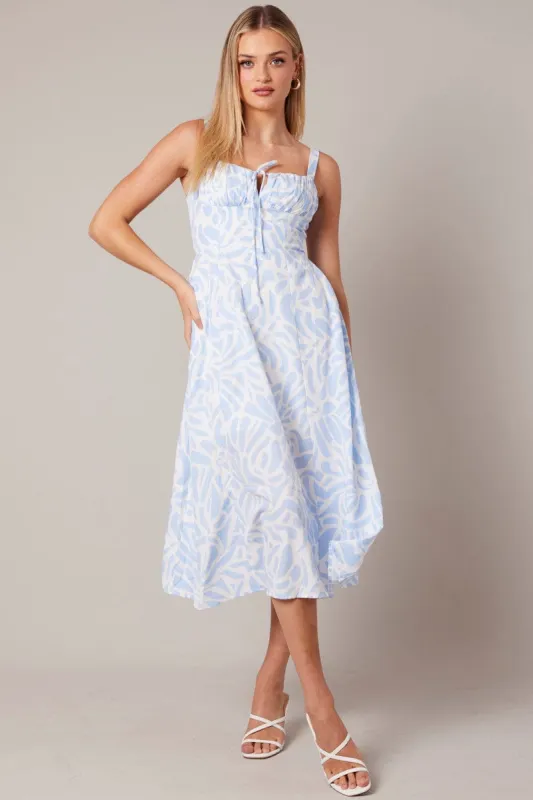 Blue Print Midi Dress Gathered Bust Midi sold by Ally Fashion
