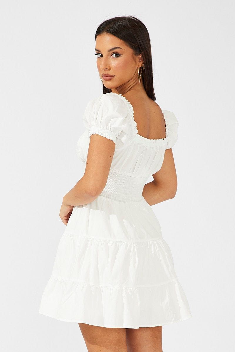 White Fit and Flare Dress Short Sleeve Shirred Waist sold by Ally Fashion product image thumbnail 5