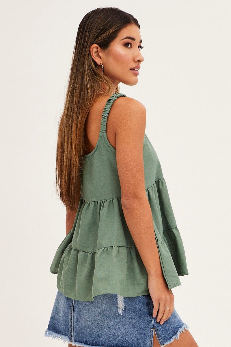 Green Tiered Top Sleeveless Scoop Neck Linen Blend sold by Ally Fashion product image thumbnail 4