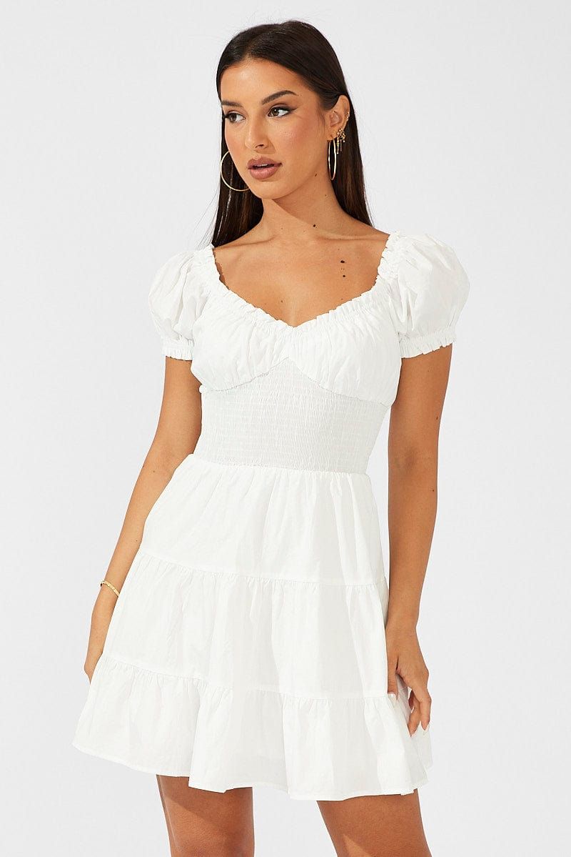 White Fit and Flare Dress Short Sleeve Shirred Waist sold by Ally Fashion product image thumbnail 3