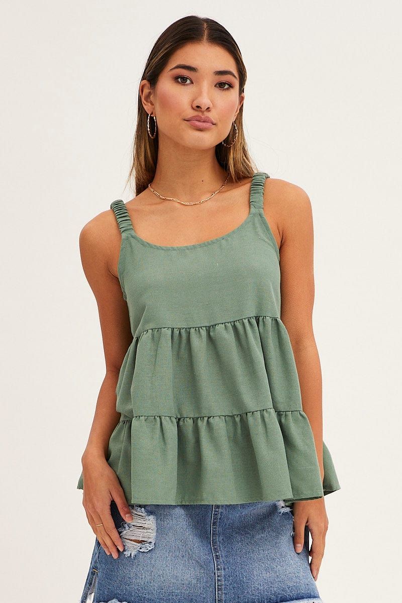 Green Tiered Top Sleeveless Scoop Neck Linen Blend sold by Ally Fashion product image thumbnail 3