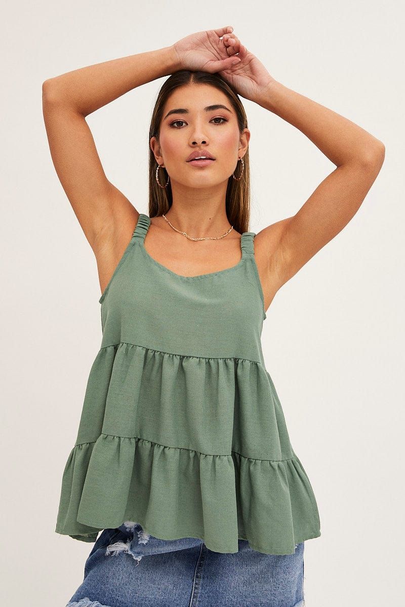 Green Tiered Top Sleeveless Scoop Neck Linen Blend sold by Ally Fashion
