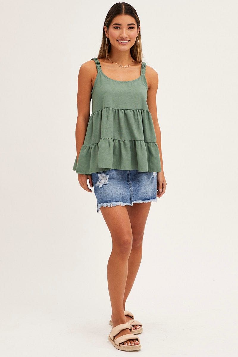 Green Tiered Top Sleeveless Scoop Neck Linen Blend sold by Ally Fashion product image thumbnail 2