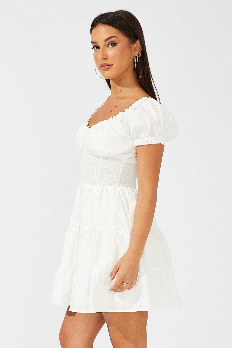 White Fit and Flare Dress Short Sleeve Shirred Waist sold by Ally Fashion product image thumbnail 4