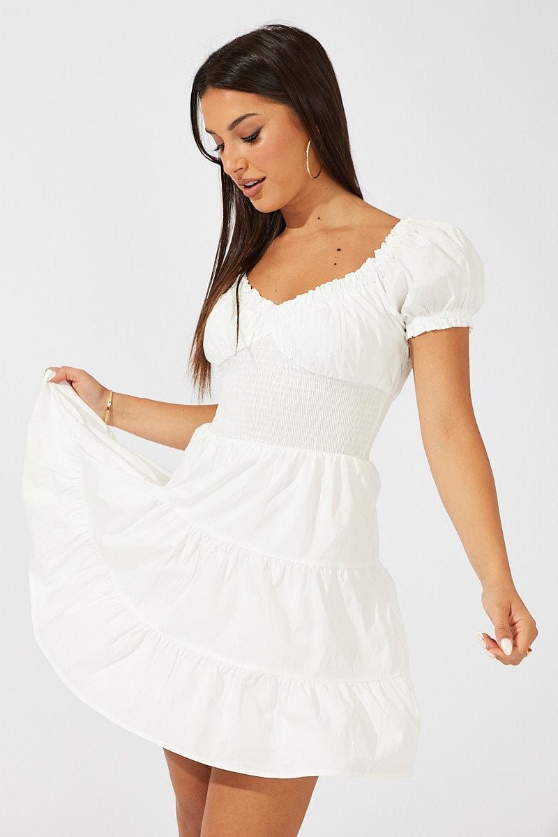 White Fit and Flare Dress Short Sleeve Shirred Waist sold by Ally Fashion