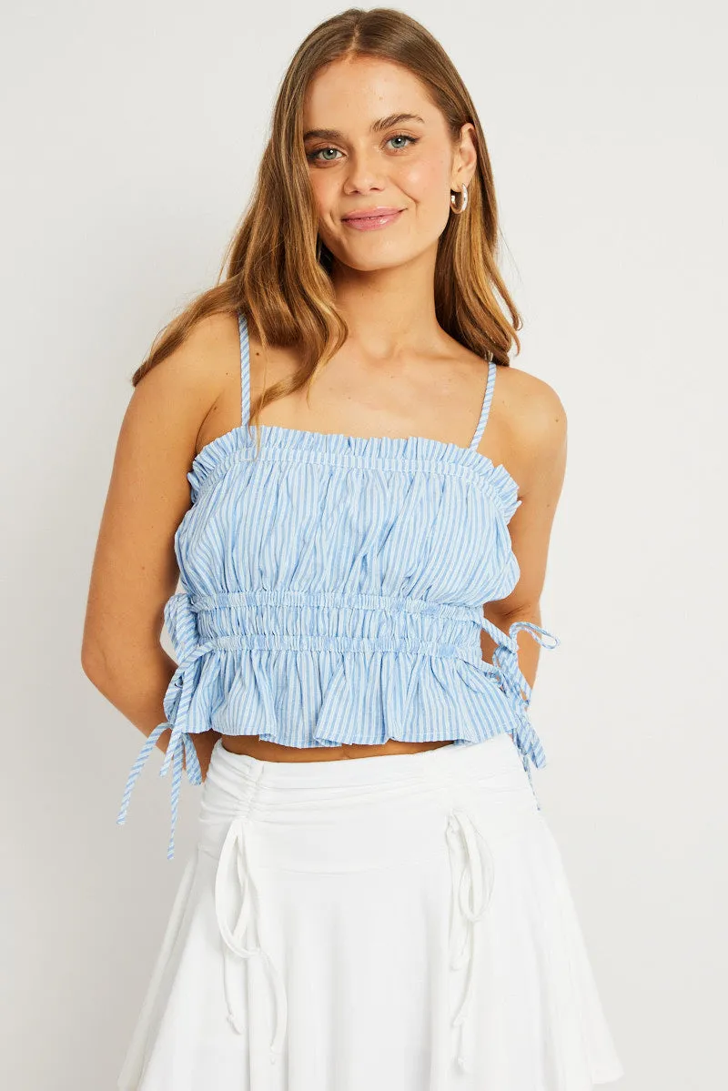 Blue Stripe Crop Top Sleeveless Ruched sold by Ally Fashion