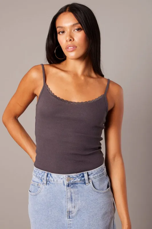 Grey Singlet Top Sleeveless Scoop Neck Lace Trim sold by Ally Fashion