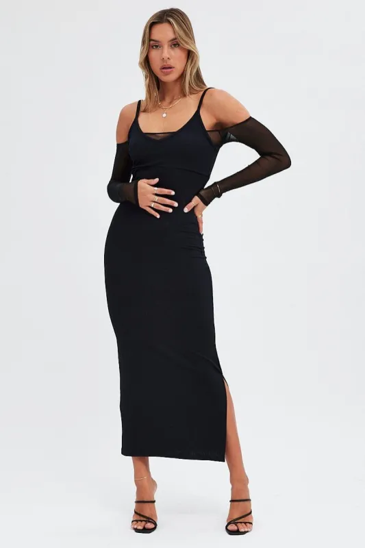 Black Maxi Dress Long Sleeve Cold Shoulder Mesh Textured sold by Ally Fashion