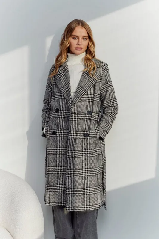 Black Check Belted Coat Knee Length Long Sleeve sold by Ally Fashion