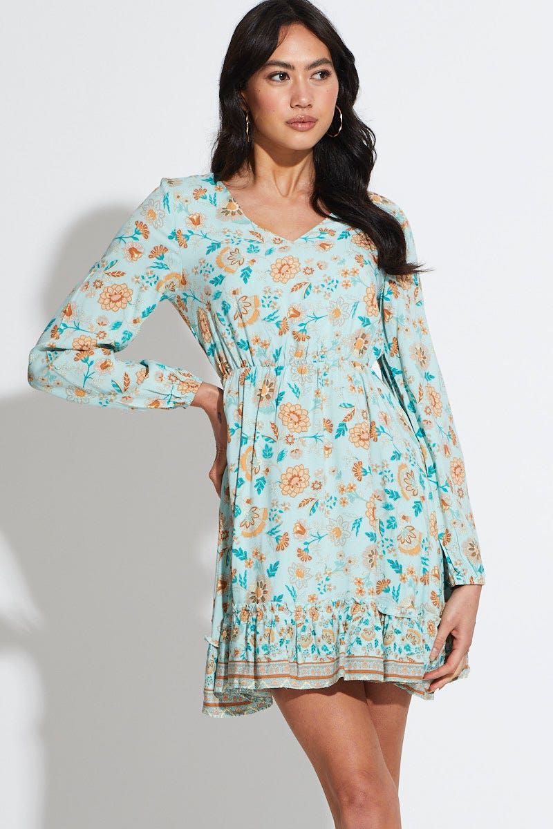 Boho Print Mini Dress Long Sleeve V Neck sold by Ally Fashion
