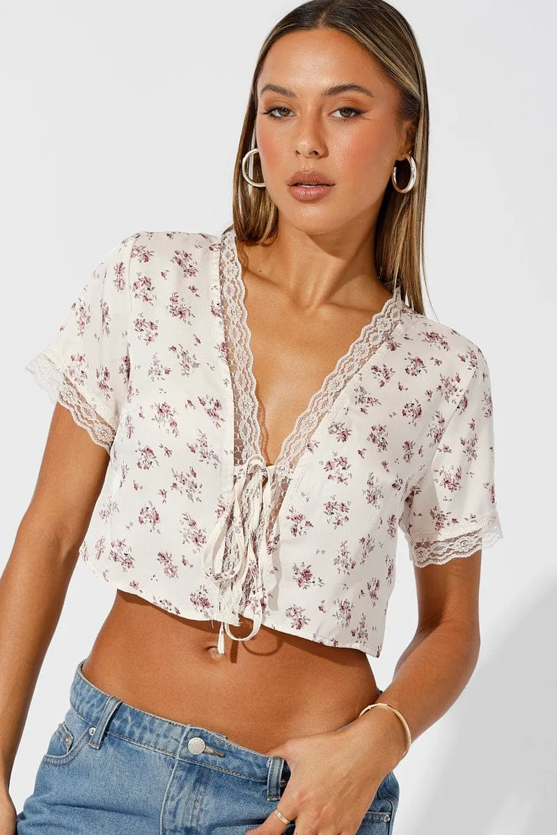 Beige Ditsy Tie Cardigan Short Sleeve sold by Ally Fashion product image thumbnail 3