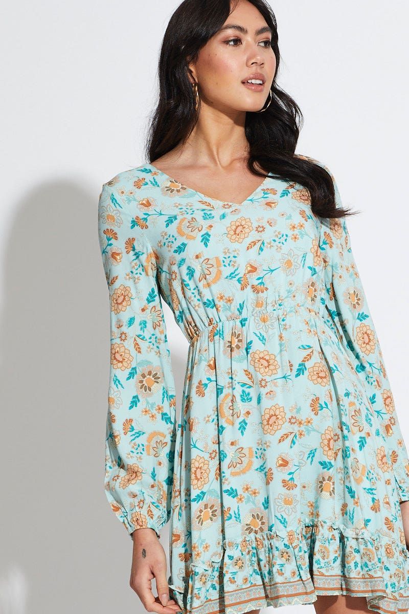 Boho Print Mini Dress Long Sleeve V Neck sold by Ally Fashion product image thumbnail 5