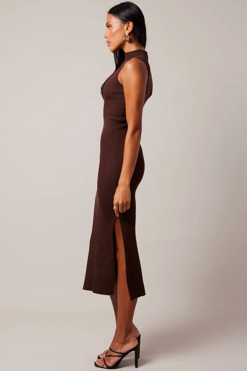 Brown Knit Dress High Neck Midi sold by Ally Fashion product image thumbnail 4