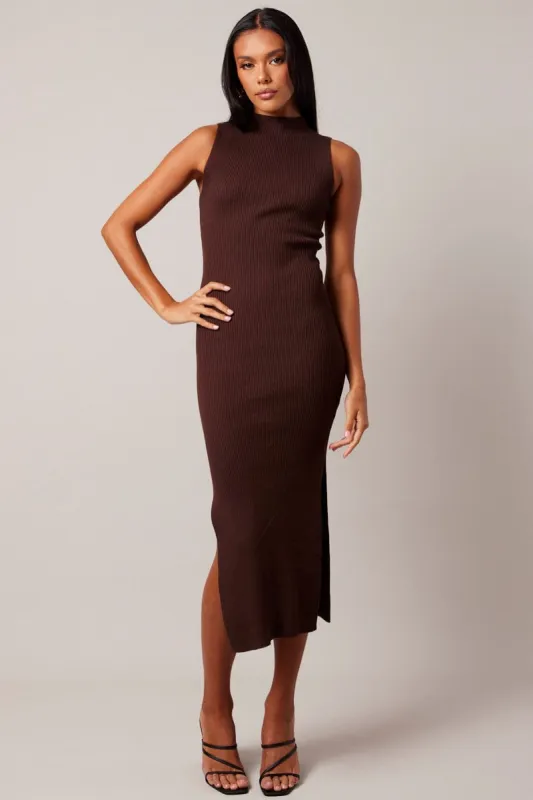 Brown Knit Dress High Neck Midi sold by Ally Fashion