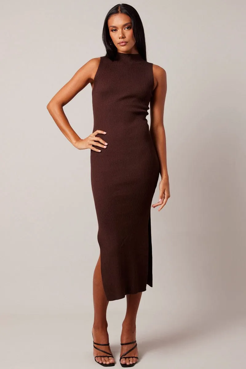 Brown Knit Dress High Neck Midi sold by Ally Fashion