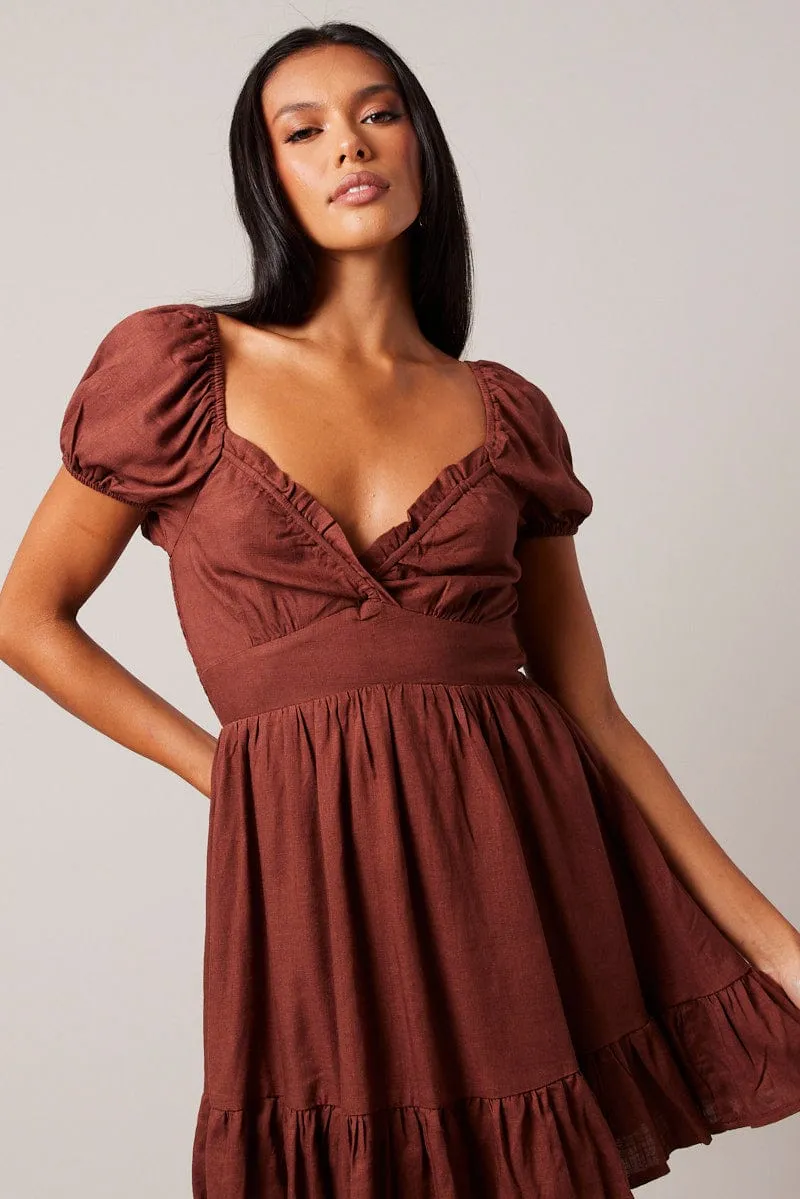 Brown Fit And Flare Dress Puff Sleeve sold by Ally Fashion product image thumbnail 3