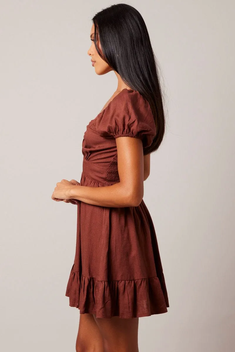 Brown Fit And Flare Dress Puff Sleeve sold by Ally Fashion product image thumbnail 4