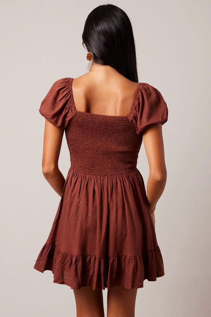 Brown Fit And Flare Dress Puff Sleeve sold by Ally Fashion product image thumbnail 5