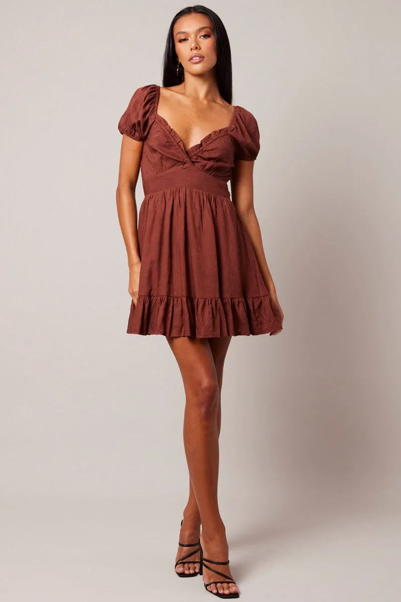 Brown Fit And Flare Dress Puff Sleeve sold by Ally Fashion product image thumbnail 2