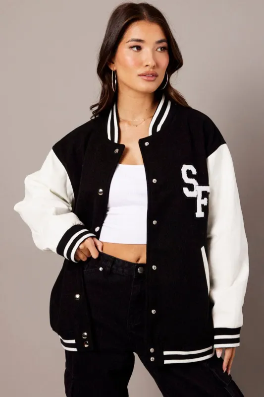Black Varsity Jacket Long Sleeves Embroidery Details sold by Ally Fashion
