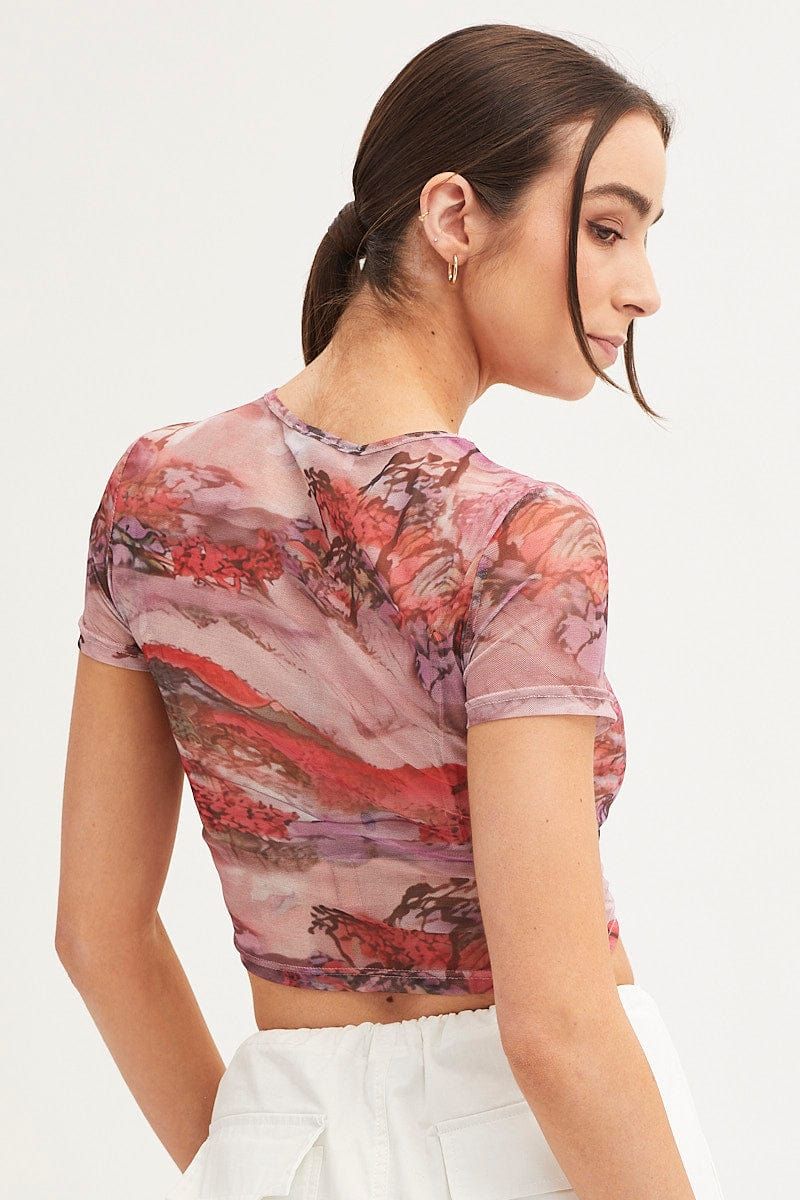 White Abstract Landscape Print Mesh Short Sleeve Top sold by Ally Fashion product image thumbnail 5