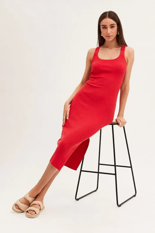 Red Bodycon Midi Dress Round Neck Knit sold by Ally Fashion