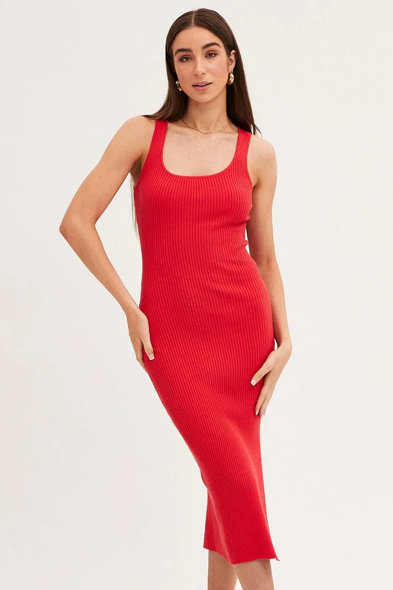Red Bodycon Midi Dress Round Neck Knit sold by Ally Fashion product image thumbnail 2