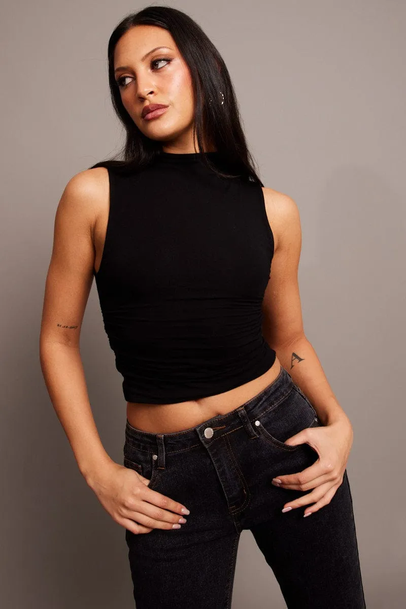 Black Tank Top High Neck Side Ruched Modal sold by Ally Fashion product image thumbnail 3