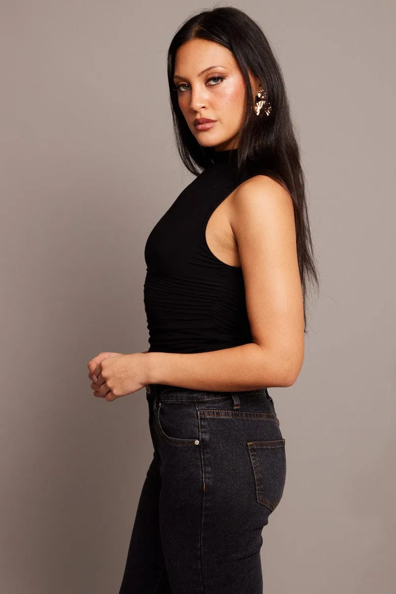 Black Tank Top High Neck Side Ruched Modal sold by Ally Fashion product image thumbnail 4