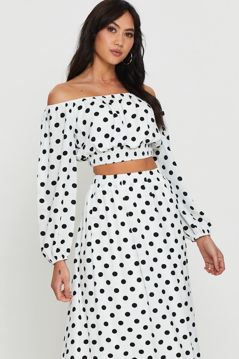 Polka Dot Crop Top Long Sleeve Off Shoulder sold by Ally Fashion