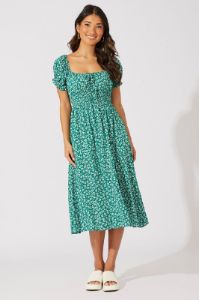 Green Ditsy Midi Dress Short Sleeve Shirred Waist sold by Ally Fashion