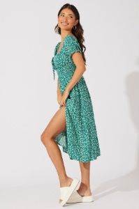 Green Ditsy Midi Dress Short Sleeve Shirred Waist sold by Ally Fashion