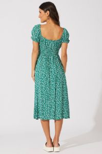 Green Ditsy Midi Dress Short Sleeve Shirred Waist sold by Ally Fashion