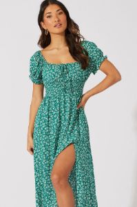 Green Ditsy Midi Dress Short Sleeve Shirred Waist sold by Ally Fashion