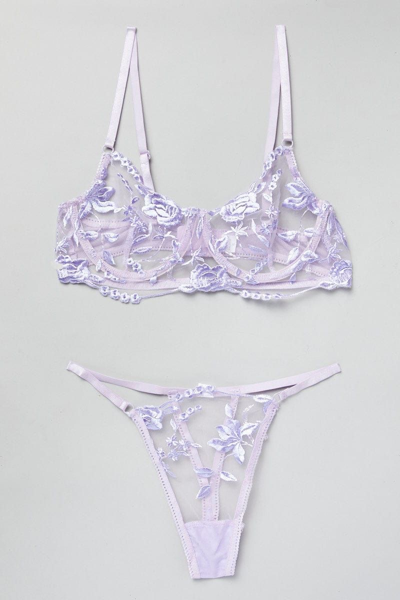 Purple Floral Embroidered Lingerie Set sold by Ally Fashion