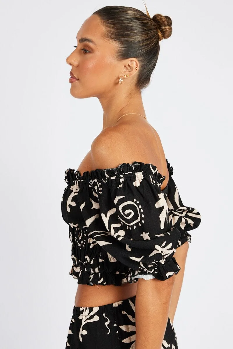 Black Abstract Crop Top Short Sleeve Linen sold by Ally Fashion product image thumbnail 4