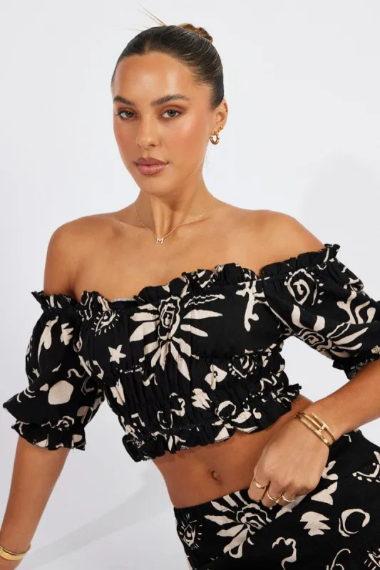 Black Abstract Crop Top Short Sleeve Linen sold by Ally Fashion