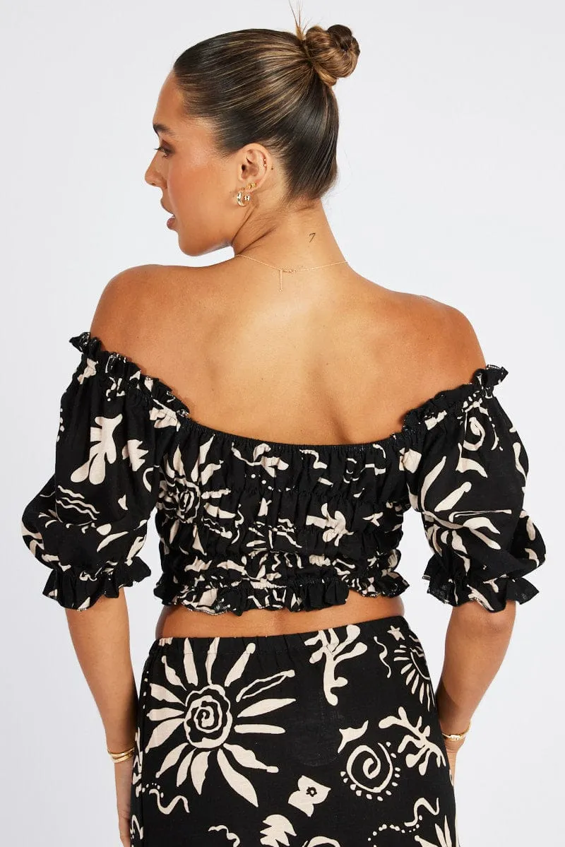Black Abstract Crop Top Short Sleeve Linen sold by Ally Fashion product image thumbnail 5